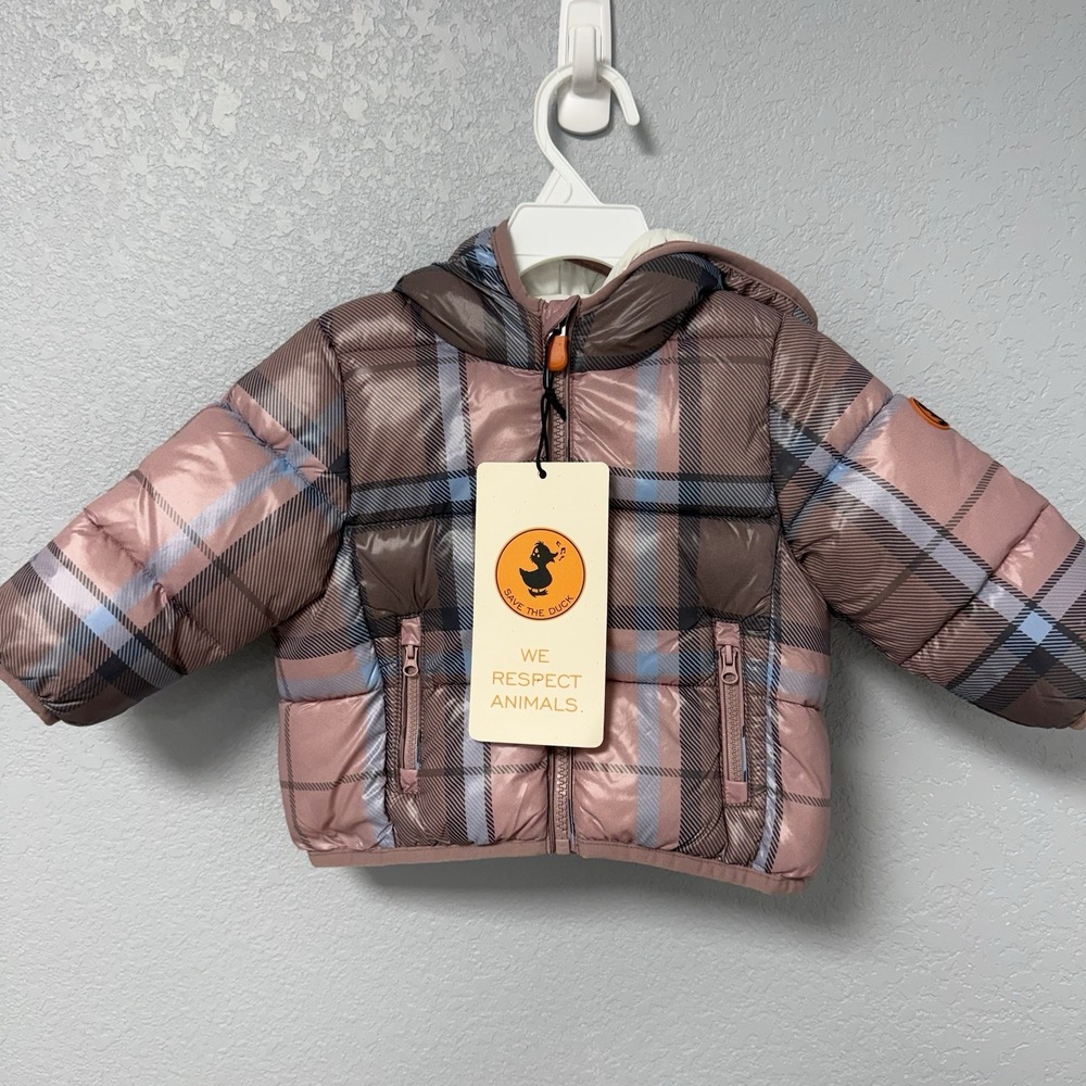 NWT Save The Duck Hooded Coat Ultra Light 6-9m Patsy Mauve Plaid Vegan Down